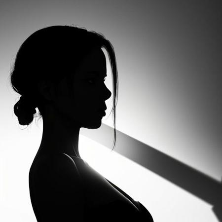 Raw photo, portrait of a woman face,, silhouette emphasized through lighting and shadow juxtaposition. Ultra HD, 32K