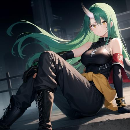 ((masterpiece)),(best quality),official art,extremely detailed CG,unity 8k wallpaper,ultra detailed,perfect lighting,1girl,solo,upper body,very_long_hair,green_hair,single_horn,black_footwear,boots,black_gloves,oni_horns,looking_at_viewer,armor,arm_ribbon,black_shirt,breastplate,clothes_around_waist,hair_between_eyes,sleeveless_shirt,jacket_around_waist,black_pants,yellow_eyes,knee_pads,black_ribbon,bare_shoulders,cross-laced_footwear,high_collar,straight_hair,bangs,large_breasts,armband,black_jacket,<lora:Hoshiguma(ark)>,