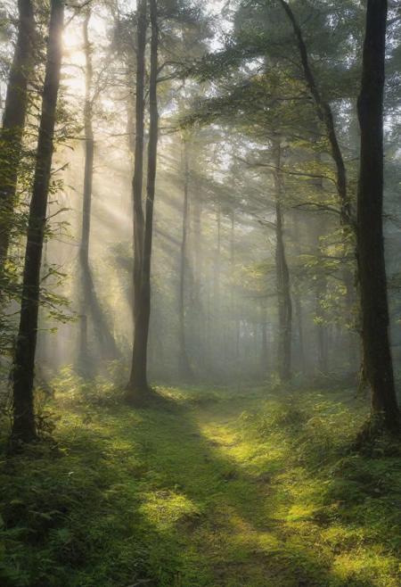 A breathtaking view of a sunrise with a misty forest in the foreground. The sun peeks through the dense fog, casting a warm golden light that illuminates the scene. The forest is filled with a variety of trees, some covered in dew, and a gentle mist hangs in the air. The ground is covered in a carpet of soft greenery, and there are hints of animals lurking in the shadows. The overall ambiance of the image is serene and peaceful, evoking a sense of wonder and awe.