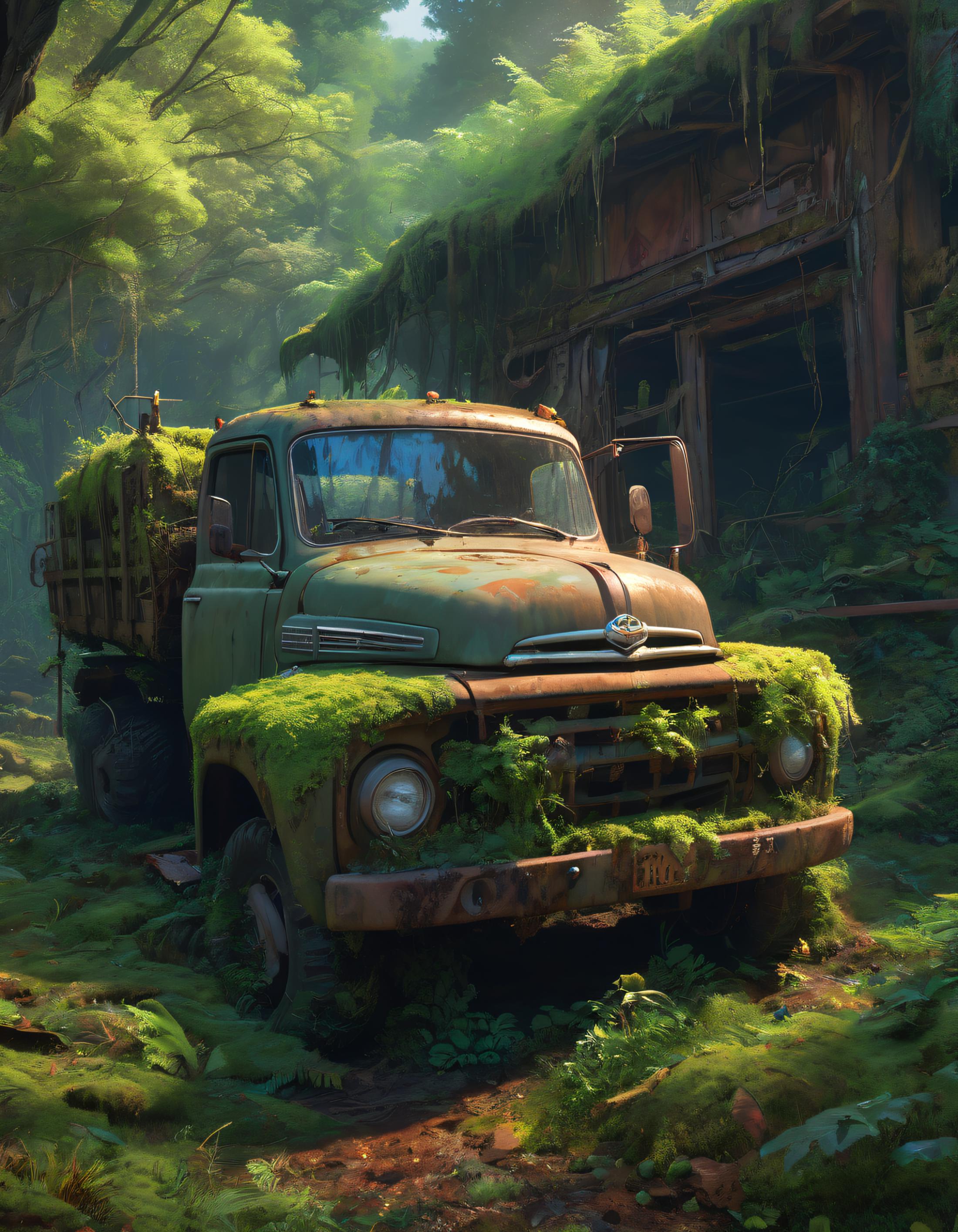 An old truck covered in moss and vines.