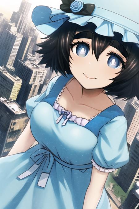 best quality, masterpiece, hukestyle, okaberintarou, blue dress, blue eyes, hat, smile, city, black hair, thick eyebrows, solo, hair between eyes