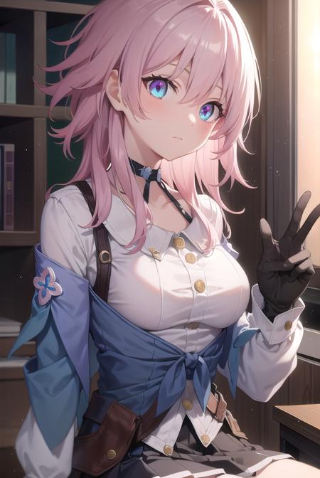 marchseventh, <lora:marchseventh-lora-nochekaiser:1>, 
march seventh, blue eyes, hair between eyes, medium hair, pink eyes, pink hair, two-tone eyes,
BREAK ankle boots, archery shooting glove, badge, bare legs, black choker, black corset, black footwear, black gloves, blue jacket, blue skirt, boots, button badge, buttons, choker, collarbone, corset, earrings, flower ornament, gloves, high heel boots, high heels, jacket, jewelry, long sleeves, miniskirt, partially fingerless gloves, pleated skirt, shirt, single earring, single glove, skirt, thigh strap, tied jacket, underbust, white shirt
BREAK looking at viewer, 
BREAK indoors, classroom,
BREAK <lyco:GoodHands-beta2:1>, (masterpiece:1.2), best quality, high resolution, unity 8k wallpaper, (illustration:0.8), (beautiful detailed eyes:1.6), extremely detailed face, perfect lighting, extremely detailed CG, (perfect hands, perfect anatomy),