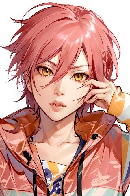 Hideto Matsumoto,  solo,  short hair,  yellow eyes,  pink hair,  lips,  1boy, <lora:EMS-57369-EMS:0.900000>