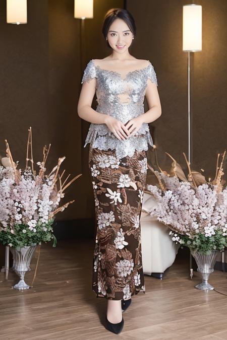 ((((looking at camera)), detailed face, 1girl,full body,  solo, fashi-girl, mature girl, cute, sweet, a girl wearing kebaya, ((silver kebaya and brown floral pattern short skirt )),   <lora:kebaya:1> <lora:henLoraV5:1>  )), Realism, Denoise, De-Noise, spotlight, Rim Lights, Rim Lighting, Rim Light, Natural Lighting, ((high quality:1.2, masterpiece:1.2)), absurdres, high resolution, (8k resolution), 8k, 8kres, 8k res, high details, detailed and intricate, intricate details, high intricate details, absurd amount of details, super resolution, ultra hd, megapixel, Extreme Wide Shot, , Deep Focus, Eye Level Shot