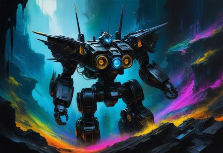 <lora:10NaturalismPainting_Hap_XL:1.5>,  Thomas Moran style, oil painting, nature, Angela rodeada de telefonos volando, neon ambiance, abstract black oil, gear mecha, detailed acrylic, grunge, intricate complexity, rendered in unreal engine, photorealistic,