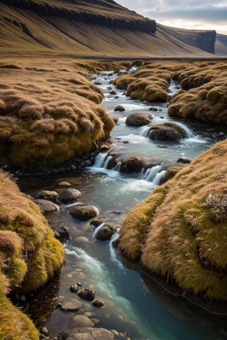 RAW photo, Iceland, delicate nature, wild nature, picturesque scenery, pristine vegetation, calm sky, majestic landscape, enchanting atmosphere, icy river, crystal water, sunlight illuminates the icy water, photorealistic, masterpiece, 64k, UHD, ultra detailed, vivid colors, high quality, sharp focus