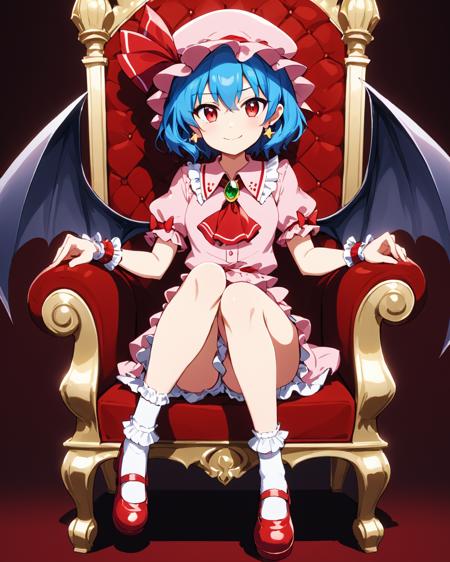 remilia scarlet,1girl, solo, wine_glass, sitting, crossed_legs, bloomers, wrist_cuffs, bat_wings, mob_cap, shoes, looking_at_viewer, ascot, earrings, brooch, hat_ribbon, wine, throne, pink_dress, smile, short_sleeves, puffy_sleeves, chair, red_footwear, white_socks, fang
<lora:remilia_scarlet_image7486_2023-12-11:1>,star-shaped_pupils,symbol-shaped_pupils,. gorgeous,key visual, vibrant, studio anime,award-winning, professional, highly detailed,high budget, cinemascope