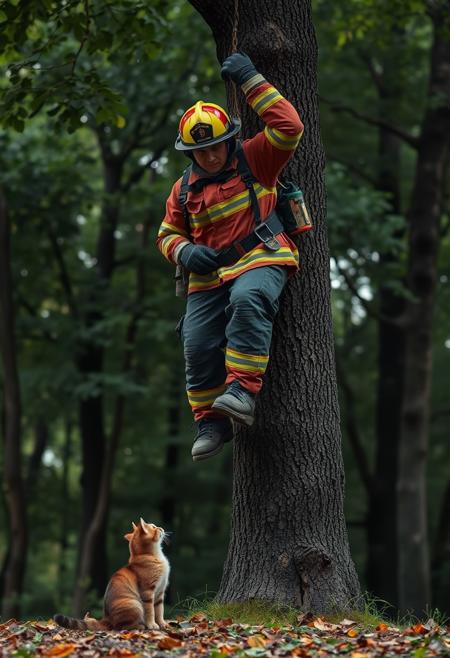 realistic photo of fireman hanging in a tree. small cat on the ground looking up at fireman stuck in tree.