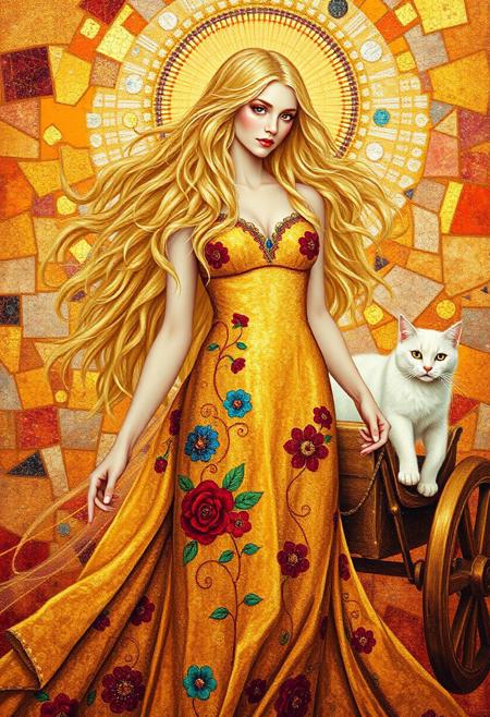 A radiant and ethereal depiction of Freyja, the Norse goddess of love and war, painted in the shimmering, gilded style of Gustav Klimt. Freyja is adorned in a golden gown embroidered with intricate floral patterns in ruby red, sapphire blue, and emerald green. Her flowing blonde hair cascades like liquid sunlight, intertwined with small golden leaves. Behind her, a pair of glowing white cats pull her chariot, their fur dotted with flecks of silver. The backdrop features an abstract mosaic of warm, glowing hues—sunset orange, soft pink, and rich gold—evoking both her divine beauty and her fierce warrior spirit.