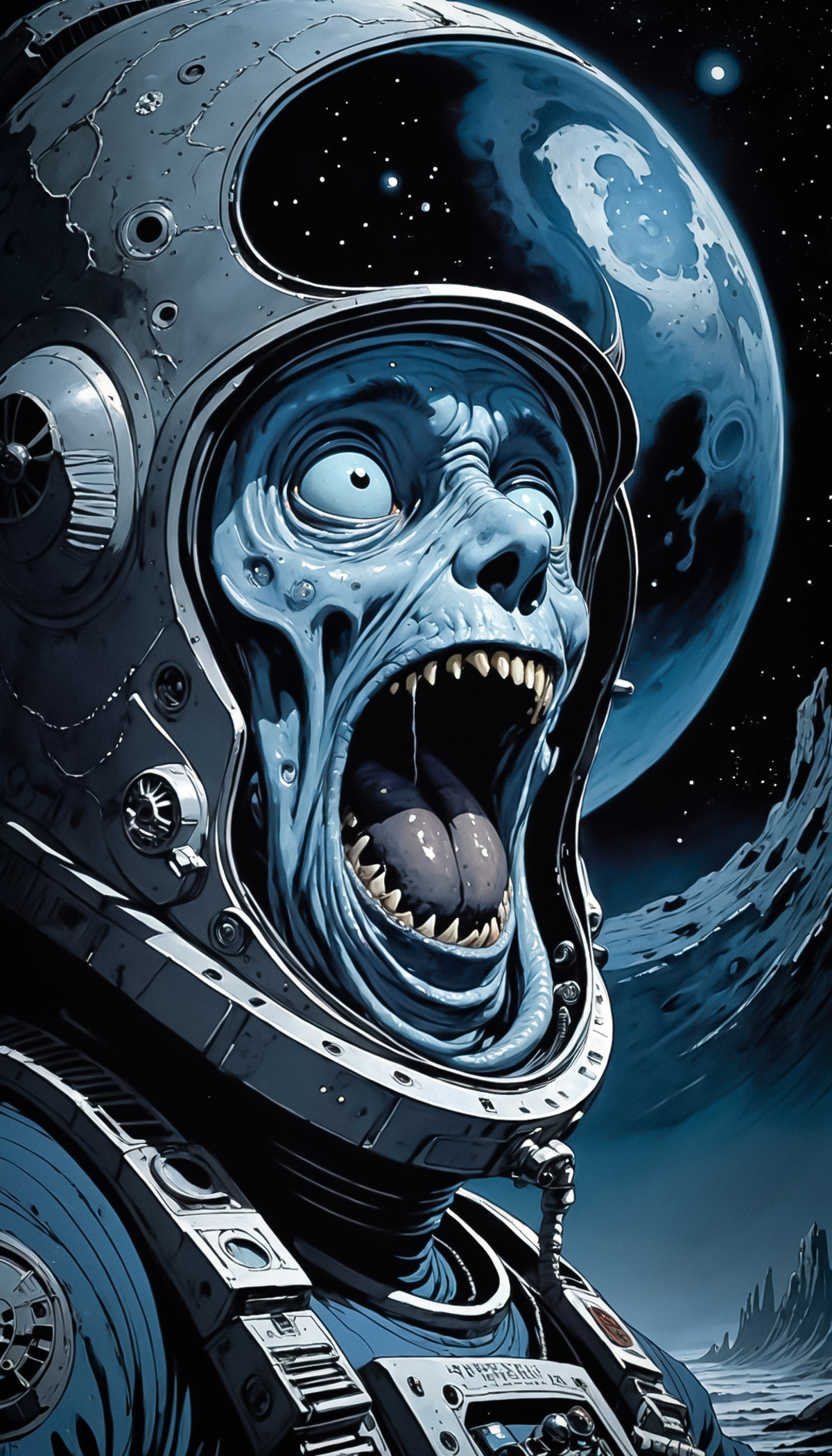 Space Astronaut with a Large Open Mouth and Screaming Expression