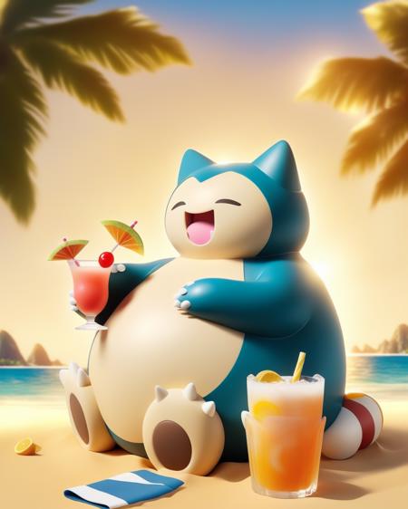 Snorlax sitting on the beach,  (sunglasses:1.5), holding cocktails, fangs.
 <lora:snorlax_v3_1:0.8>