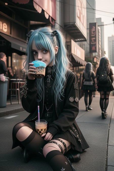 4K,8K. An attractive american gothic punk girl, with black punk fitting clothes, chestnut very long wavy hair, wide dreamy light blue eyes, wide smile, face close up, (holding a bubble tea,) (dynamic sitting pose, on the street)