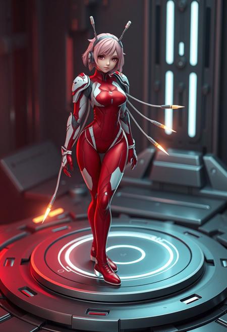 A futuristic female android with a sleek, cybernetic design, resembling a high-quality PVC figure. She has short, wavy pink hair and wears a red and white high-tech bodysuit with armored plating on the shoulders and joints. The bodysuit is form-fitting and extends into thigh-high red boots with white soles, giving a streamlined and futuristic appearance. She has mechanical cables extending from her back and wrists, tipped with glowing golden connectors. Her expression is confident and determined, and she wears a futuristic headpiece with antenna-like extensions.
She is standing on a specially designed circular electronic platform, which is engineered for wireless power transmission. The platform has a metallic, high-tech surface with glowing energy circuits, and it resembles an advanced table-like charging station. The background is a high-tech laboratory environment with dim ambient lighting, emphasizing the glowing elements of the platform.
The character is rendered in a highly realistic, high-resolution style, resembling a premium PVC figure with detailed sculpting, smooth glossy surfaces, and intricate paintwork. The lighting highlights the texture and material realism, creating a lifelike collectible figure appearance.