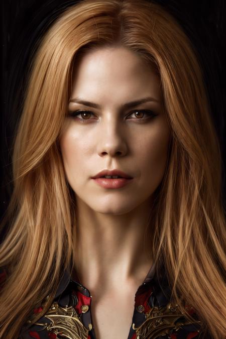 portrait photo of mko,(red vampire style shirt), (dirty blonde hair), alluring portrait, intricate, highly detailed, digital painting, artstation, concept art, naughty, sharp focus, cinematic lighting, illustration, art by artgerm and greg rutkowski, alphonse mucha, cgsociety,<lyco:MarianaKlaveno-RealVision-V1.0:1.0>,