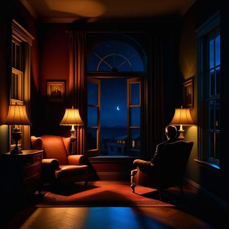 Ultra realistic color pencil  image of
a view of a window at night, viewer is outside the house looking in through the window on a living room, where the silhouette of a man sitting on a chair, under a chandelier can be seen. The window is broken up into smaller windows by muntins. 
BREAK
Dark theme, dynamic lighting, (soft shadows), (soft focus), (photo realistic), uhd, 8k