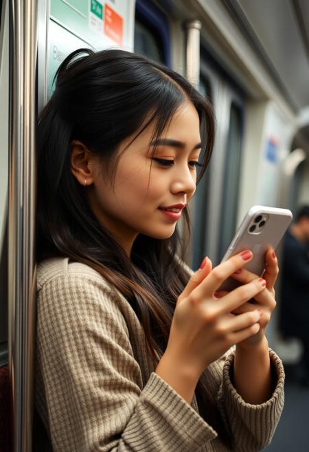 beautiful Asian woman on her iPhone while riding the subway