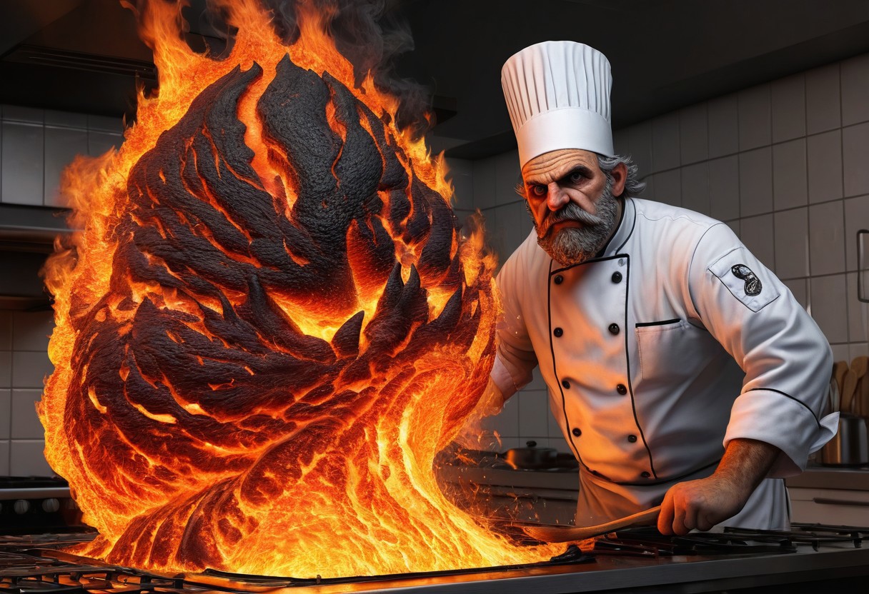 The Chef of Hell, a kitchen of flames and lava, head cook, High quality, realistic description, perfect work, masterpiece, 4k, 8k, hd