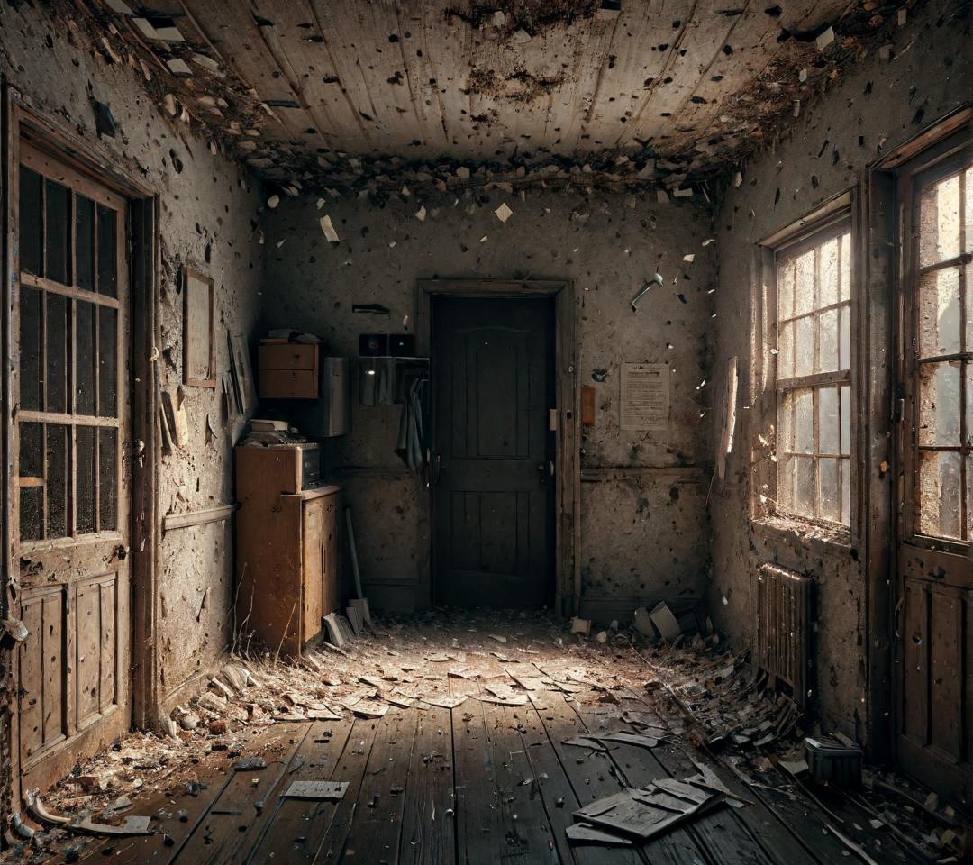 (masterpiece, best quality, 8k uhd, high quality), an empty abandoned building, a strong wind is visible driving scraps of newspapers along the corridors, novuschroma46 style, ais-darkpartz, flux-style, detailxl