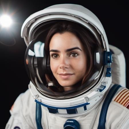 Portrait photo of a female astronaut in space with her face visbile, Nikon Z9, realistic matte skin, skin texture visible, (sharp focus), (high quality)