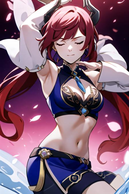 1girl,  solo,  long hair,  breasts,  bangs,  skirt,  long sleeves,  navel,  twintails,  jewelry,  medium breasts,  very long hair,  closed mouth,  closed eyes,  flower,  red hair,  outdoors,  detached sleeves,  horns,  midriff,  puffy sleeves,  armpits,  stomach,  arms up,  blue skirt,  crop top,  floating hair,  bug,  letterboxed,  brooch,  red flower,  butterfly,  veil,  puffy long sleeves,  red rose,  fake horns,  dancing,  harem outfit,  nilou \(genshin impact\),<lora:EMS-285009-EMS:0.800000>