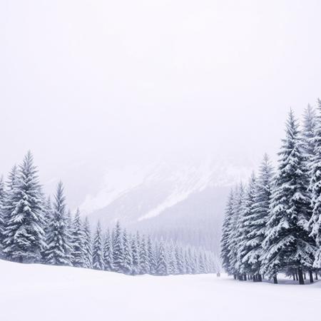 Snow, Heavy Ambient Blizzard, Total White Flurry Sky, Sky Towering Mountains, Tall Pine Trees, Glowing Abstract White, Monotone, Faded Out Images on Sides