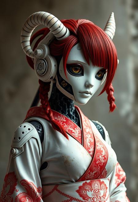 best quality, highly detailed, intricate details, extremely detailed, smooth lines, an android robot designed as a geisha, curvy body, seducive pose. Beautiful face, The android face plate is made of white ceramic material, with many mechanical parts. The android has camera lens eyes, protruding from her face, and clear signs of rusting and wear. She is also wearing traditional intricate Japanese clothes, wide hips and thick thights , two long redhead braids, two long ceramic horns on head, futuristic, technological, alien worlds, space themes, advanced civilizations