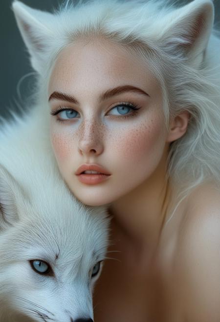The image is a hyper-realistic digital artwork created in a photorealistic style, focusing on a close-up portrait of a young woman with striking, ethereal features. She has pale, almost translucent skin with a subtle, delicate scattering of freckles across her cheeks and nose. Her piercing, almond-shaped eyes are a striking light blue, almost glowing in the soft, ethereal lighting. Her hair is platinum blonde and wild, cascading over her face and shoulders, blending into the white fur of a large, mystical-looking white fox that wraps around her face and neck.rockabilly style, realistic, 1girl, looking at viewer, wolf, slit pupils, animal, close-up, solo, white hair, portrait, 1950's