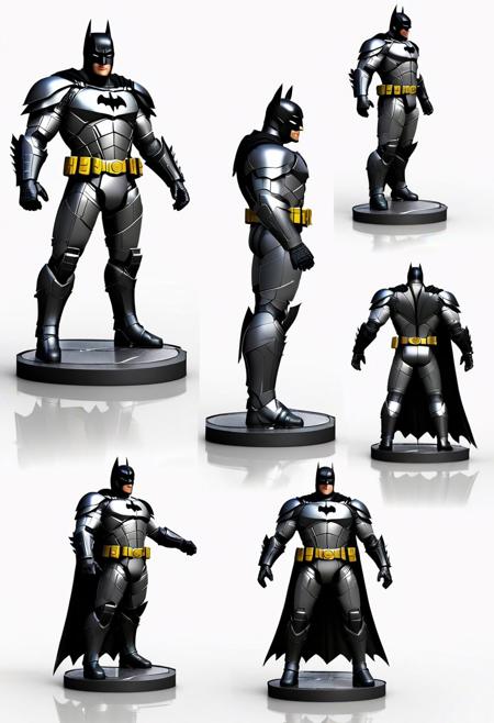 A character sheet of armored Batman with various angles and full body views. Infographic diagram, details such as his utility belt gadgets and Bat-Suit enhancements. 3D style, perfect lines, highly polished surfaces, white background