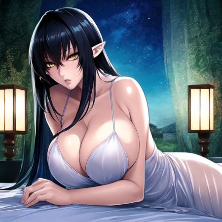 Annerose, solo, wide shot, (female mature, milf:1.2), lying on bed, white clothes, (night dress, transparent clothes:1.1), long hair, village background, black hair, pointy ears, yellow eyes, large breasts, (skin tight:1.05), hair intakes, (covered breasts:1.05), (sideboob:1.05), cleavage, perfect body, (athletic body:1.1), romantic look, anime face, perfect face, perfect eyes, anime eyes, smoky eyeliner, eyeshadow, sharp focus, intricate details, masterpiece painting, professional artwork, (vibrant colors:1.1), vivid colors, Diffused lighting, digital blending, ultra detailed body, ultra detail hair, ultra detail face, trending on pixiv, by Kagami Hirotaka, <lora:Annerose-000001:0.8>,