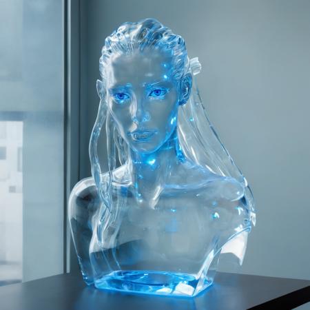 score_9, score_8_up, score_7_up, score_6_up,3d,  ((glasssculpture)), ((Glass woman)), fog,(see-through:1.5), blue , glowing blue, etheral eyes, pretty, long virtual hair, in a cyberpunk office,  <lora:sdxl_glass:1>
