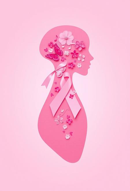 (masterpiece), (high quality), (ultra-detailed), pink silhouette representing breast cancer awareness, (graceful profile filled with symbolic elements), butterflies, flowers, musical notes, pink ribbons, (layered textured effect inside silhouette), gradient shades of pink, solid pink background, (soft lighting or subtle glow around silhouette), (small delicate breast cancer awareness ribbon in composition), supportive and hopeful atmosphere, positive mood, semi-realistic style, artistic textures, smooth and refined finish