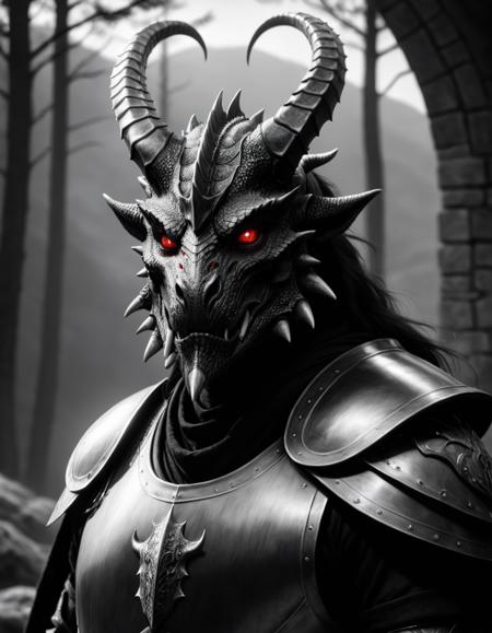 Monochrome <lora:FF.73.dreamshaperXL10_alpha2Xl10.lora:1> black dragonborn, solo, red eyes, male, upper body, male focus, horns, cape, armor, glowing, glowing eyes\n, volumetrics dtx, (film grain, blurry background, blurry foreground, bokeh, depth of field, motion blur, realistic:1.3)\n, ((masterpiece, best quality)), art by greg rutkowski \u003clora:dragonborn_offset:1\u003e . Black and white, contrast, tone, texture, detailed