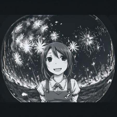 <lora:fisheye2:1.1>, (fisheye:1.1), 

<lora:ham_rifl:0.8>, monochrome, oekaki, above waist portrait beautiful cute anime young woman, Fiery firework ignites black background, sending flickering aesthetic firefly ashes towards viewer, happy smile