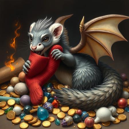 A dragon ferret hybrid, a furry dragon with ferret features, a ferret evolved into a dragon, stealing a rolled up sock, hoarding trinkets and toys mixed with treasure, grabbing red sock, grey  brown  and white colored fur, furry tail, dragon wings, breathing fire, laying on top a pile of hoarded treasure which includes gold coins gems socks and plushies,