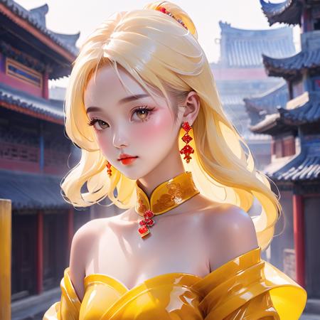 <lora:琉璃少女xl1V10:0.7>,a girl formed of colored glaze,chinese woman,gradient color,1girl,earrings,jewelry,solo,upper body,bare shoulders,makeup,city,east asian architecture,street,yellow hair,yellow clothes,