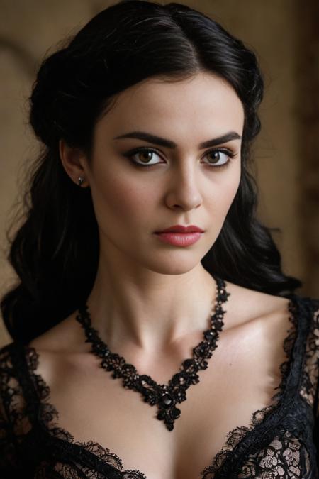 Face and Skin: Morgana has a fair complexion. Her face is characterized by a slightly angular jawline and high cheekbones.
Hair: She sports long, dark brown hair styled in loose waves. Her hair often falls around her shoulders, giving her a dramatic and somewhat mysterious look.
Eyes: Morgana's eyes are a deep, expressive brown, and they often have a slightly intense or thoughtful expression.
Eyebrows: Her eyebrows are well-defined and slightly arched, which accentuates her eye shape and adds to her overall dramatic appearance.
Clothing: Morgana's attire often consists of stylish and somewhat Gothic or Victorian-inspired clothing. She is typically seen wearing a dark-colored dress, which could include elements like lace or intricate patterns. She favors a look that combines elegance with a touch of edginess.
Accessories: She might wear subtle but stylish accessories that complement her outfit, such as a necklace or earrings.
Overall Style: Morgana has a refined, sophisticated style that leans towards the dramatic. Her look reflects a blend of elegance and mystery, fitting her character's background and personality.