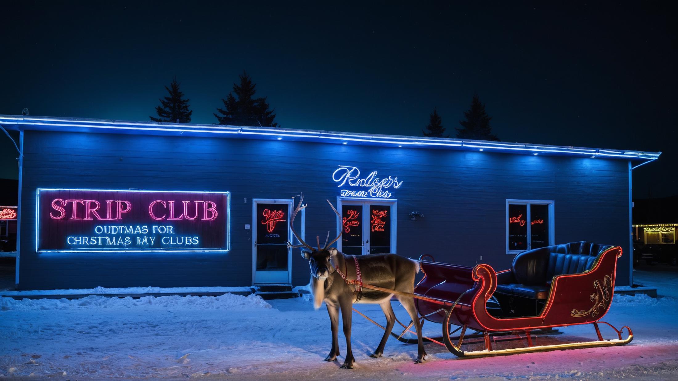 A reindeer pulling a sleigh in front of a Santa's Club building at night.