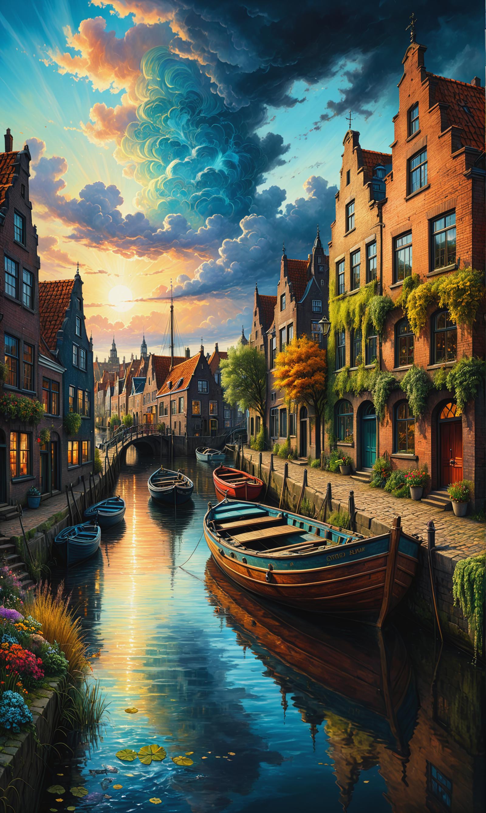 Artistic Painting of a European River Town with Boats in the Water