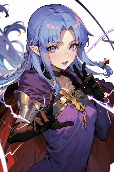 <lora:Medea:0.8>, medea \(fate\), 
MedeaRobe, 1girl, solo, long hair, looking at viewer, blue eyes, gloves, white background, dress, blue hair, purple eyes, collarbone, upper body, braid, pointy ears, cape, makeup, lipstick, side braid, electricity, purple lips, dynamic pose