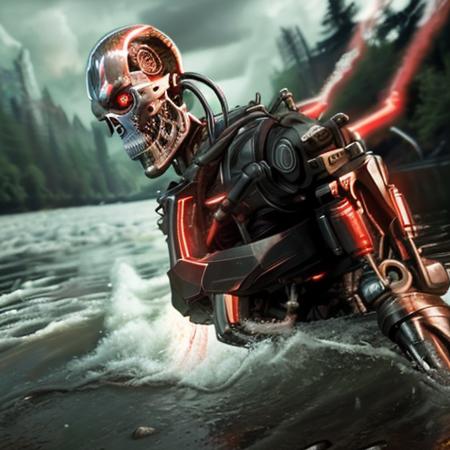 a t800 endoskeleton robot rising out of a river, photorealistic, realistic, river, water, trees, sky, dusk, glowing red eyes