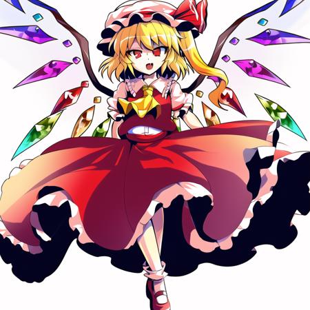 masterpiece, best quality, alphes,white background,flandre scarlet, white soft hat, red hat bow, blonde hair, side ponytail, red eyes, shiny eyes, fang, red vest, short sleeves, puffy sleeves, yellow ascot, red frilled skirt, crystal wings, bobby socks, mary janes, red shoes,detailed eyes,beautiful eyes