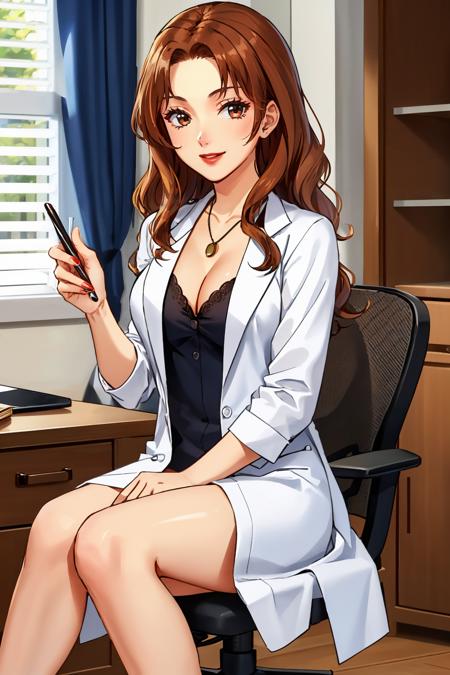 natsumip1, long hair, brown hair, wavy hair, labcoat, cleavage, necklace, lipstick