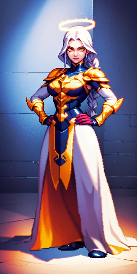 1girl, full body of beautiful paladin, hands on hips, athletic, braid, white hair, yellow eyes, glowing eyes, glowing halo, golden heavy armor, long skirt, red cape, particles, dark dungeon indoors, stairs, volumetric lighting, best quality, masterpiece, intricate details, tonemapping, sharp focus, very detailed, trending on Artstation, realistic, pixel art  <lora:sxz-pxl-v1:0.8>