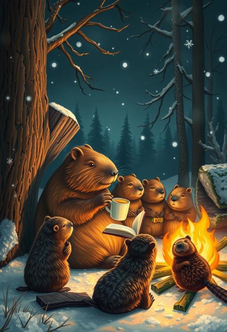During a dark snowy night a  big capybara sits nearby fallen tree next to  a  big campfire and  eats a sandwich with cheese  and holds a cup of tea, sits among  a group of little beavers. They read a fairy tales book with details, snow, snowy, winter forest, vivid colors, realistic details like seeing under an electron scanning microscope