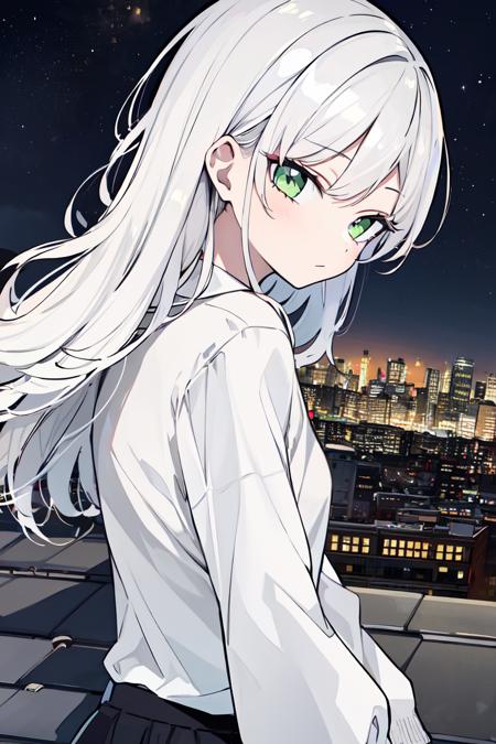 (masterpiece, best quality:1.3), 1girl, solo, white hair, messy hair, green eyes, white shirts, half closed eyes, upper body, looking back, (rooftop, cityscape, city lights, starry sky, night)