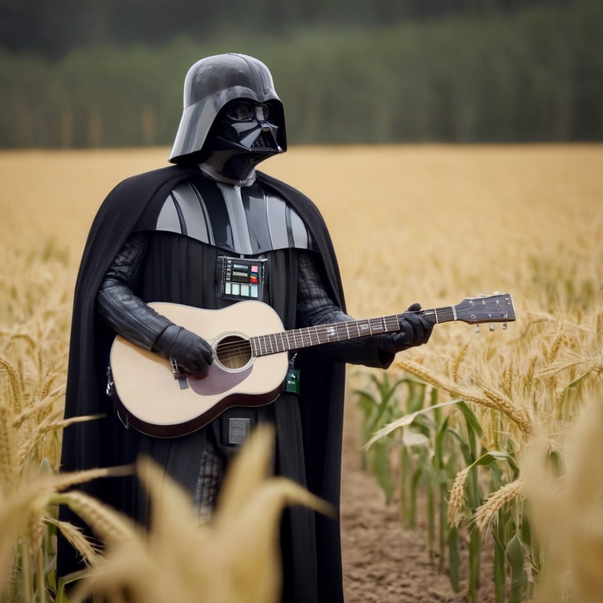 cinematic film still of  <lora:Darth Vader:1.5>
Darth Vader a darth vader costumed in a cornfield with a guitar case in st...