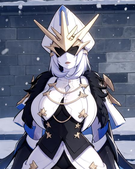 woman, white hair, large breasts, upper body, blindfold,hat,, <lora:Guardian_Shadow:0.8>, snow, winter