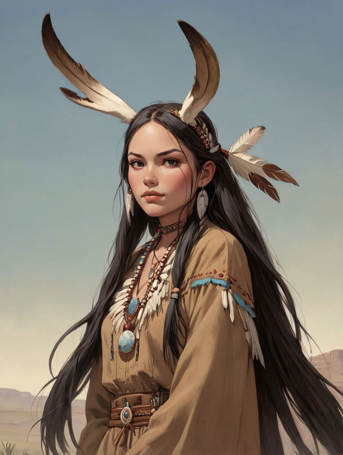 A Native American woman with black hair and a feather headband wearing a tan dress.