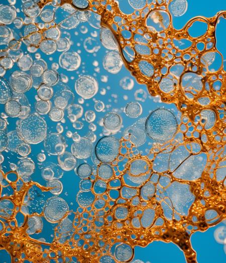 a close up of water bubbles on a blue background with a white background and a blue sky in the background, golden hour, art by waterworksv2-5000