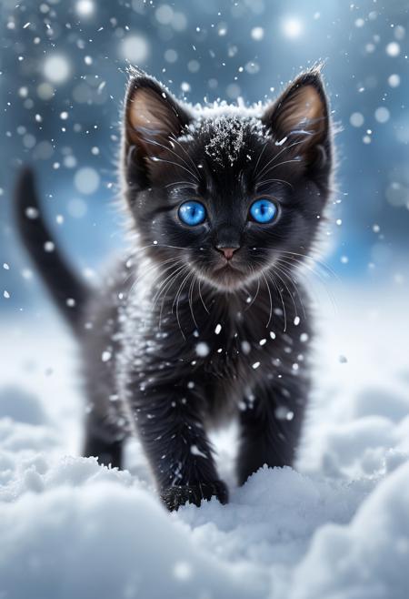 (Masterpiece, ultra-high resolution, hyper-realistic, cinematic lighting, breathtaking details, 8K HDR, adorable and heartwarming atmosphere, winter wonderland, photorealism)
A tiny black kitten with deep, mesmerizing blue eyes joyfully trots through a snow-covered landscape, leaving small paw prints behind. Its soft, fluffy fur is dusted with delicate snowflakes, glistening in the cool winter light. The kitten’s ears perk up, and its tail playfully sways as it explores its surroundings with a curious and happy expression.
The gentle snowfall creates a magical and serene atmosphere, with soft flakes swirling in the air. The background is a blurred winter wonderland, emphasizing the kitten as the main focus. The cold blue and white tones of the snow contrast beautifully with the kitten’s dark fur, making its vivid blue eyes stand out even more.
The lighting is soft and diffused, casting a gentle glow on the snow and subtly illuminating the kitten’s delicate whiskers and tiny nose. Every detail, from the individual strands of fur to the sparkling ice crystals in the snow, is captured with exceptional clarity, making this an irresistibly heartwarming and photorealistic masterpiece.
(Cute winter kitten, playful and curious, soft bokeh snowfall, joyful expression, cinematic depth, ultra-HD textures, cozy and magical winter scene.)